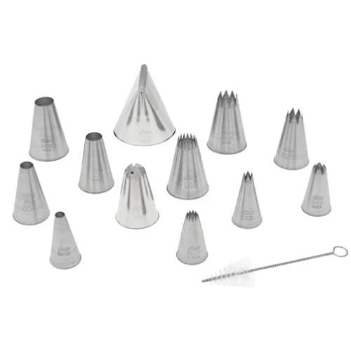 Set of 12 large stainless steel decorating tips with a cleaning brush.