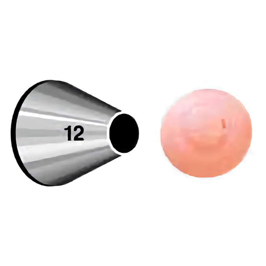 A close-up of a stainless steel round piping tip labeled with the number 12, designed for creating medium-sized dots, lines, and borders in cake and cupcake decorating.