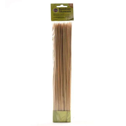 Packaged 100-count bamboo skewers with green label.
