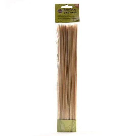 Packaged 100-count bamboo skewers with green label.