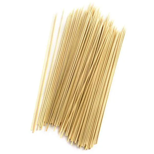 Loose bundle of 12-inch bamboo skewers shown from above on a white background.