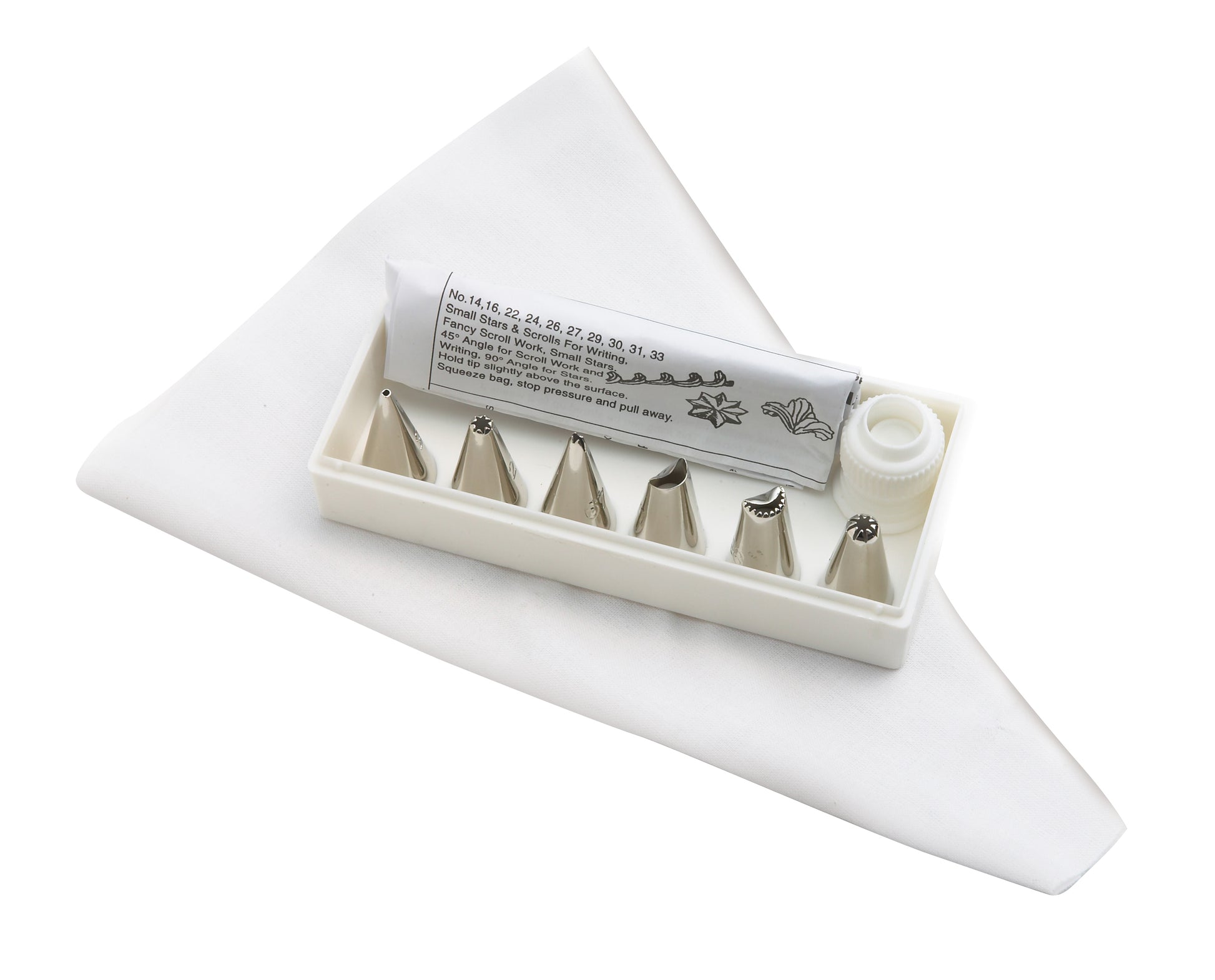 A comprehensive icing tip set featuring a white reusable icing bag, six assorted metal piping tips for various decorative patterns, and a coupler to secure the tips, ideal for intricate cake and cookie decoration.