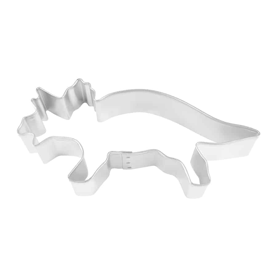 A metal cookie cutter in the shape of a triceratops dinosaur, ideal for creating themed cookies for children's parties or dinosaur enthusiasts, featuring precise edges for clean cuts.