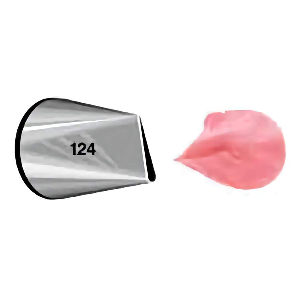 A stainless steel petal piping tip labeled with the number 124, specifically designed for crafting medium to large flower petals and ruffles with buttercream or royal icing, perfect for adding floral accents to cakes and cupcakes.