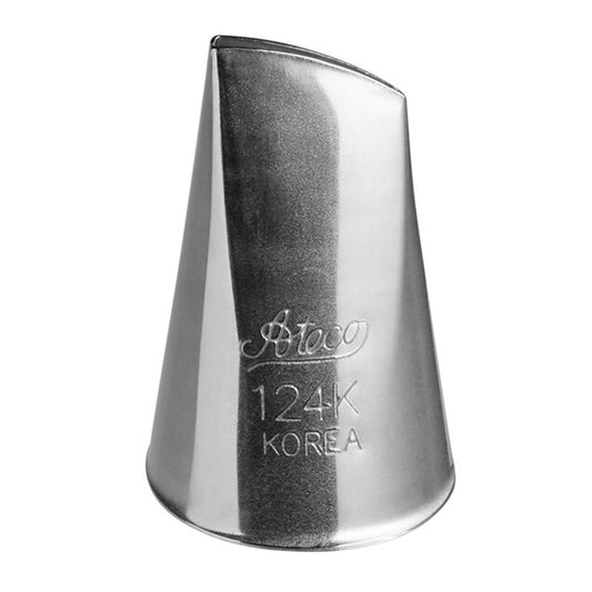 124K Korean flower piping tip, a cone-shaped metal icing nozzle with a wide angled opening for creating large flower petals and floral cake designs.