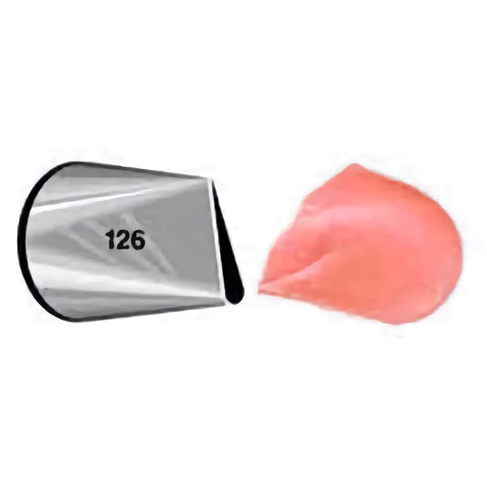 Decorating tip #126 shown beside a piped pink rose petal, demonstrating its wide, curved floral piping effect.