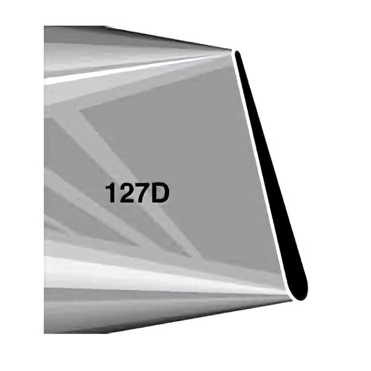 A detailed view of a larger petal piping tip labeled with the number 127D, made of stainless steel, ideal for creating extra-large petals and ruffles with a smooth, professional finish for cakes and cupcakes.