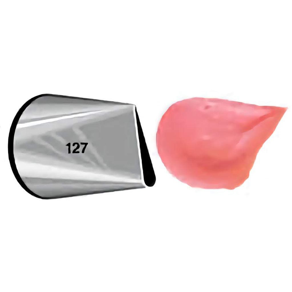 A close-up of a stainless steel petal piping tip labeled with the number 127, used for making wide flower petals and ruffles in cake decoration, providing a smooth and professional finish.