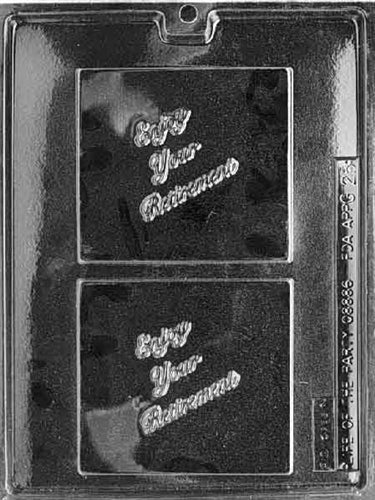 A clear plastic chocolate mold featuring two cavities with the embossed text 'Enjoy Your Retirement,' perfect for creating themed chocolates for retirement parties.