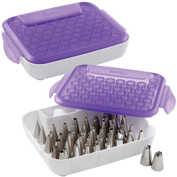 A purple and white storage case for piping tips, featuring multiple compartments to organize and store various sizes and shapes of tips, ensuring they are kept clean and easily accessible for decorating projects.