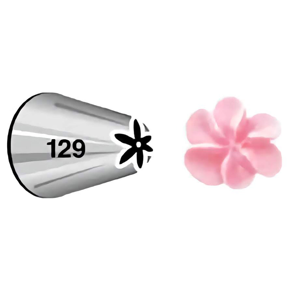 A stainless steel petal piping tip labeled with the number 129, designed for making detailed flower petals and intricate ruffles in cake decoration, adding a touch of elegance to baked goods.