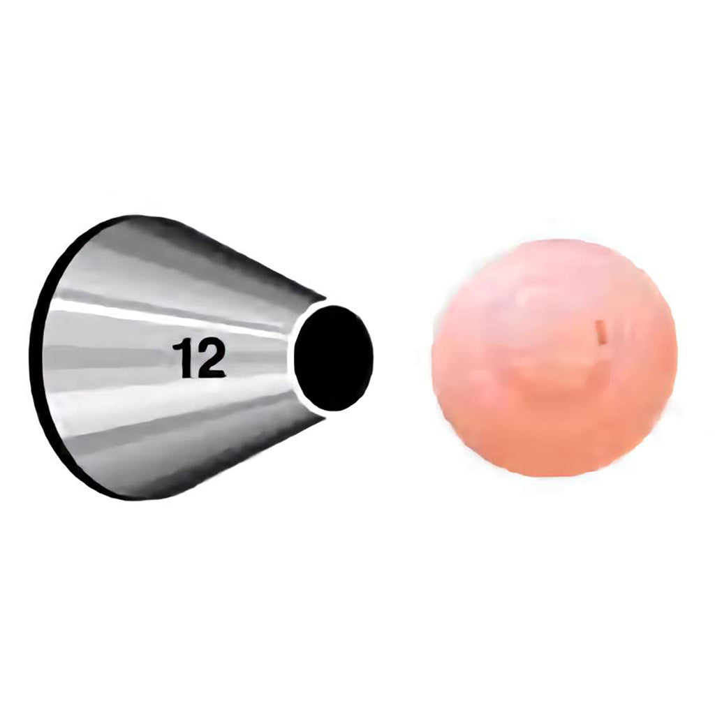 A close-up of a stainless steel round piping tip labeled with the number 12, designed for creating medium-sized dots, lines, and borders in cake and cupcake decorating.