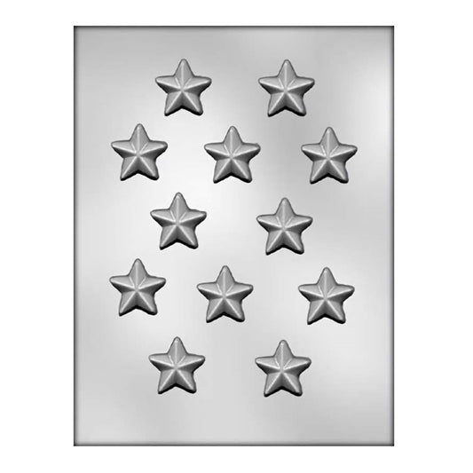 A chocolate mold sheet with twelve individual star-shaped cavities, each designed to create perfect star chocolates with smooth surfaces and sharp angles.