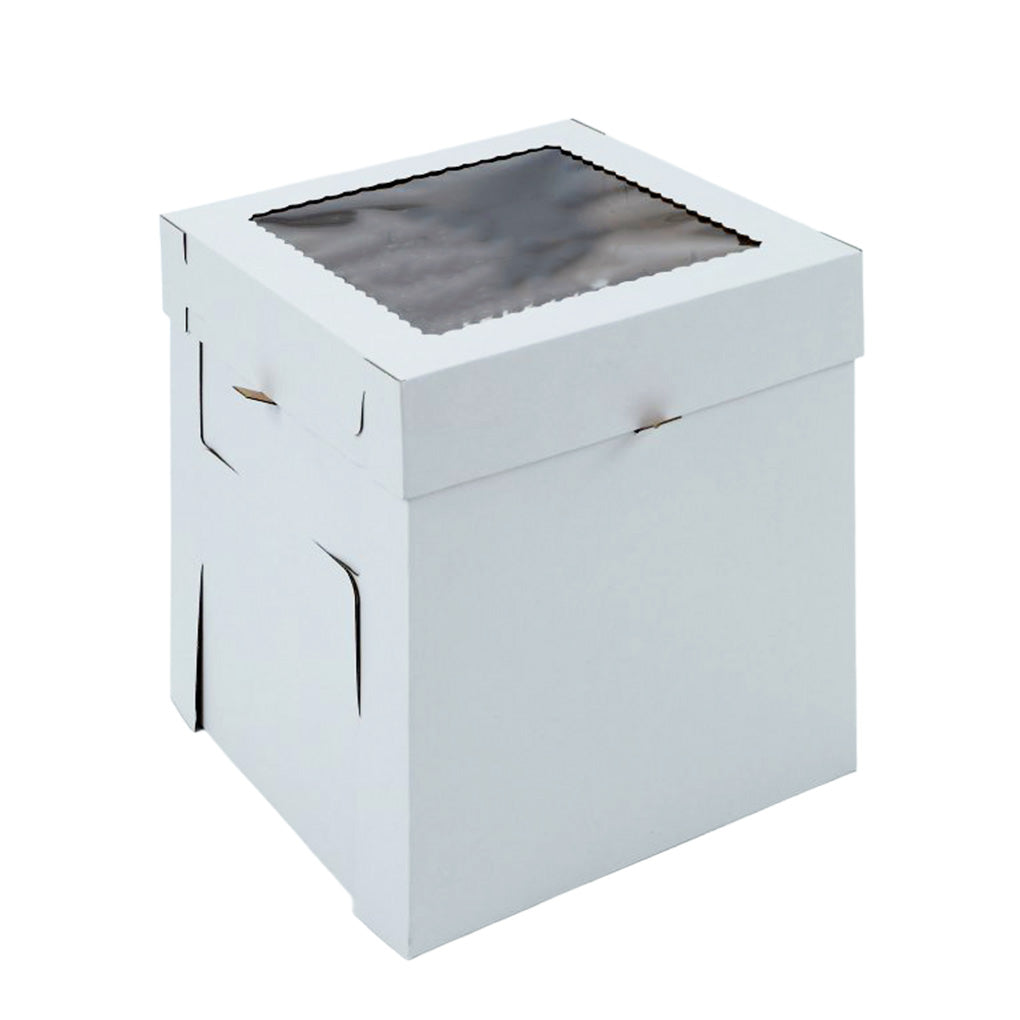 Tall white 12 x 12 x 12 cake box with a clear square window in the top lid, shown closed on a white background; two-piece bakery box for tall cakes.