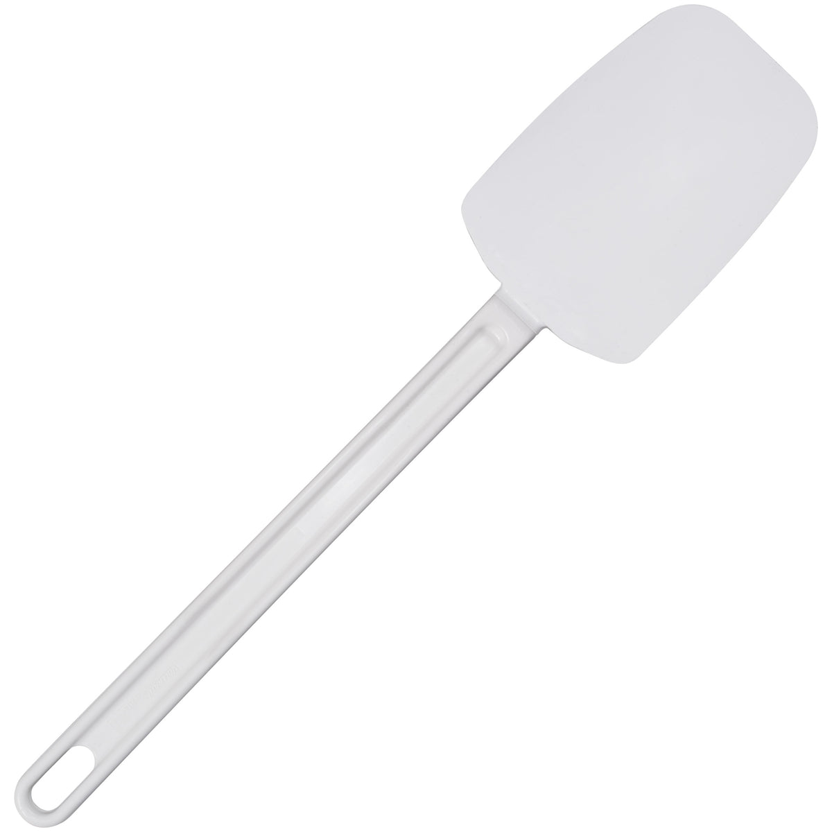 White Rubbermaid® spoon-shaped silicone spatula with a rectangular rounded blade, translucent plastic handle, and hanging hole on a white background.