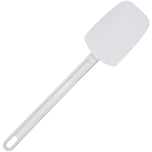 White Rubbermaid® spoon-shaped silicone spatula with a rectangular rounded blade, translucent plastic handle, and hanging hole on a white background.