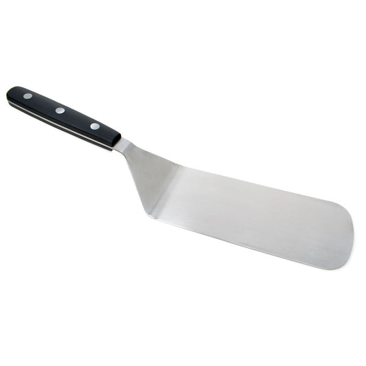 A 14″ stainless steel spatula with a wide offset blade and a heat-resistant black handle with three rivets.
