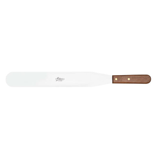 14-inch straight spatula with long stainless steel blade for broad, even coverage on cakes.