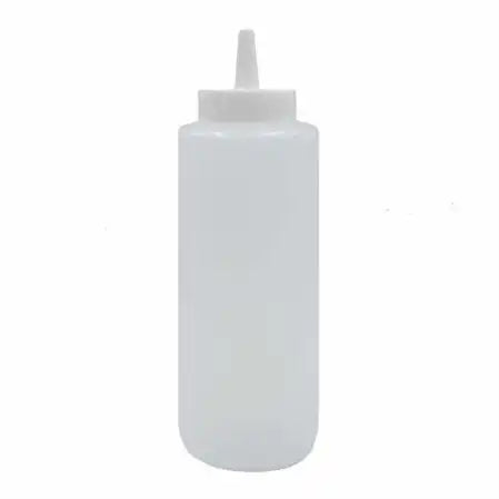 Transparent plastic squeeze bottle with a white cap and a narrow nozzle, used for dispensing liquids or melted chocolate.