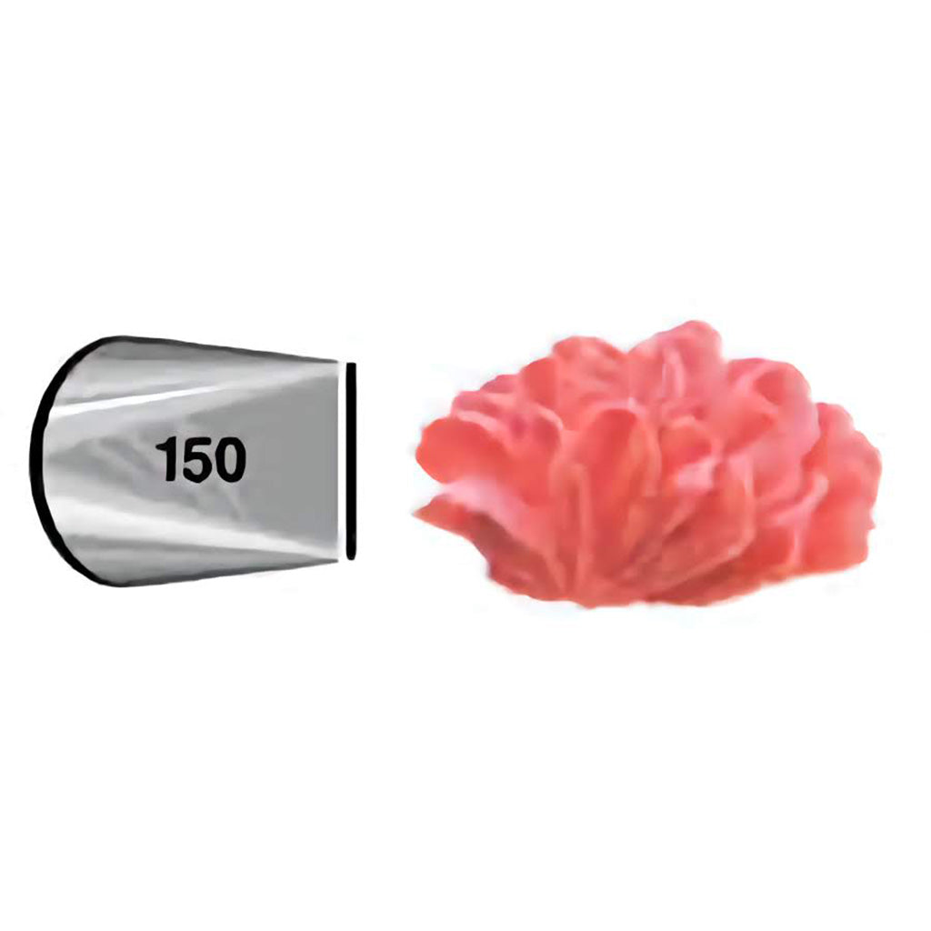 This is a petal piping tip designed for creating realistic flower petals. The tip has a thin, curved opening that allows for the delicate shaping of petals, ideal for roses and other intricate floral designs.