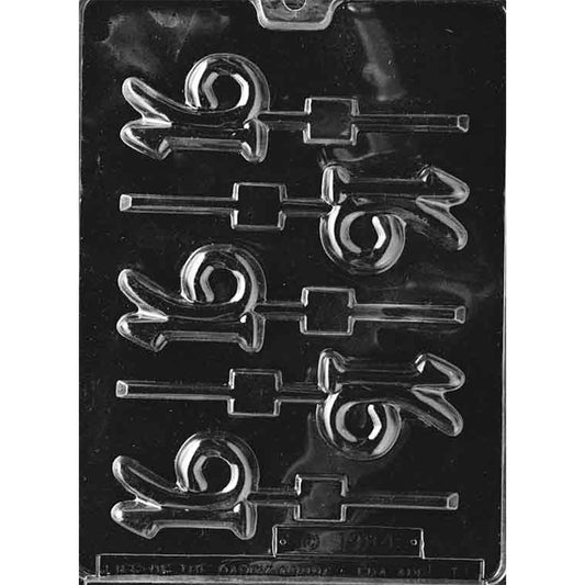 Plastic chocolate lollipop mold featuring four cavities shaped like the number "16" with stick slots, ideal for creating chocolate pops for sweet sixteen celebrations and party favors.