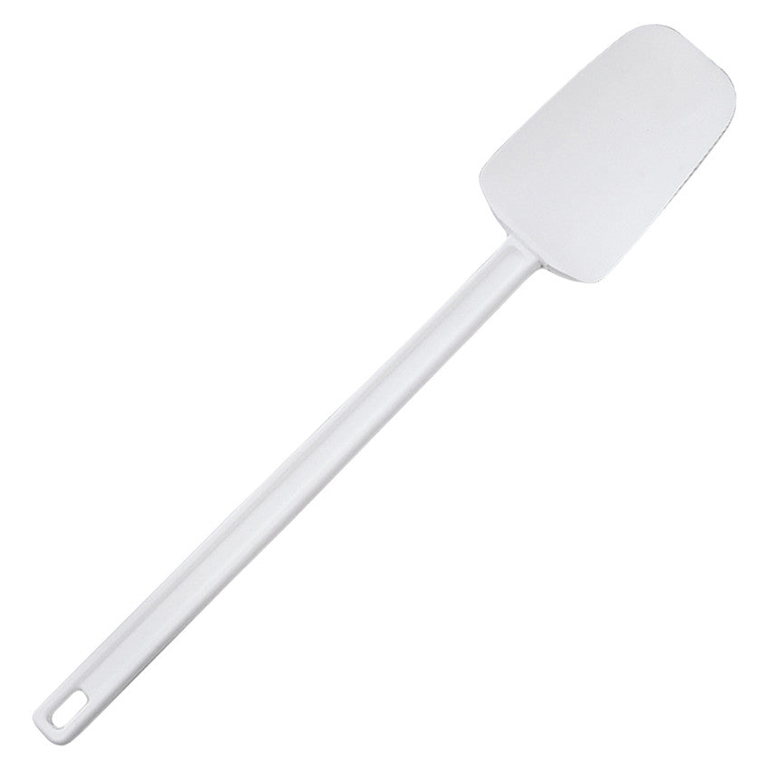 White Rubbermaid® spoon-shaped silicone spatula with a rectangular rounded blade, translucent plastic handle, and hanging hole on a white background.