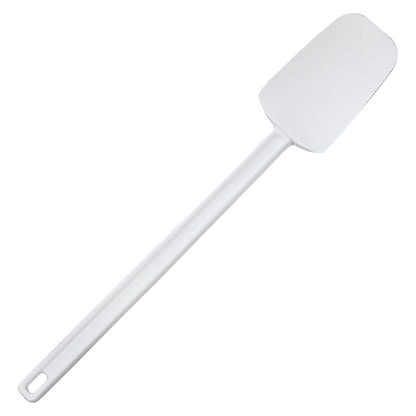 White Rubbermaid® spoon-shaped silicone spatula with a rectangular rounded blade, translucent plastic handle, and hanging hole on a white background.