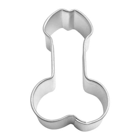 A mini male anatomy-shaped cookie cutter made of silver metal, featuring a playful and cheeky design.