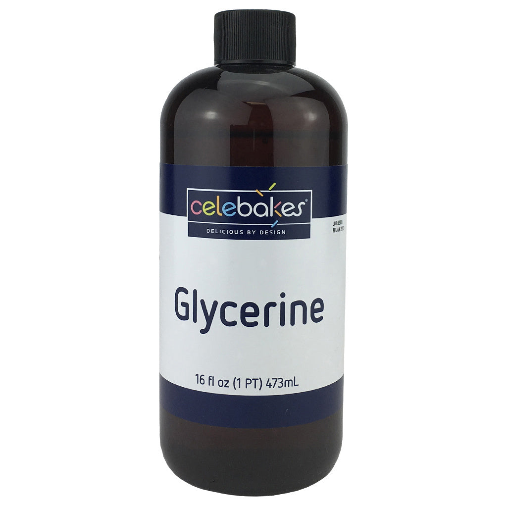 16 oz bottle of glycerine by Celebakes, ideal for softening icing, adding sweetness to cakes, making taffy, and preserving fruits. Certified Kosher.