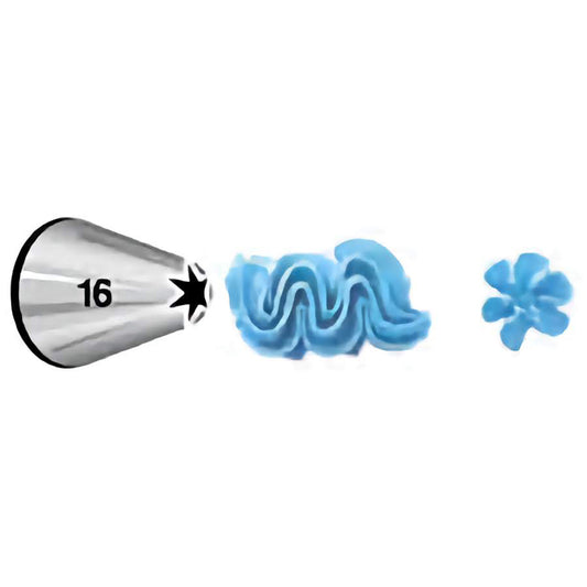 This is a star piping tip marked with the number 16. It creates a wavy, ridged pattern that can be used for decorative borders and rosettes on cakes and cupcakes.