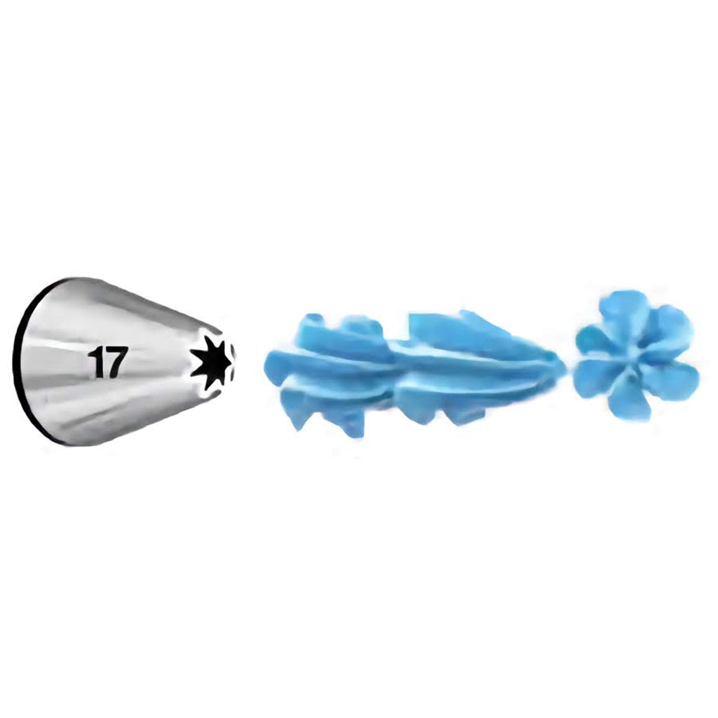 This is a star piping tip marked with the number 17. It creates a ridged pattern ideal for making swirls, rosettes, and other decorative designs on baked goods.