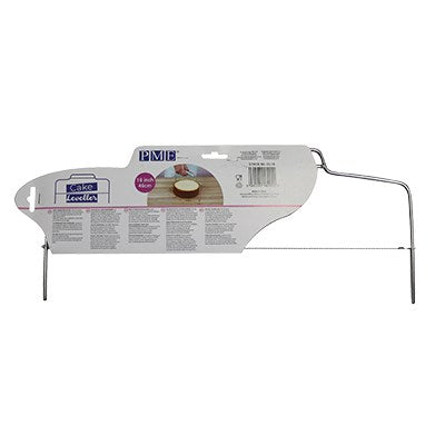 Back label view of PME 18-inch cake leveler with serrated blade, designed for precision slicing of cakes up to 16 inches wide and 4 inches high.