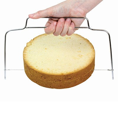 PME 18-inch cake leveler with serrated blade, designed for precision slicing of cakes up to 16 inches wide and 4 inches high slicing through a cake.