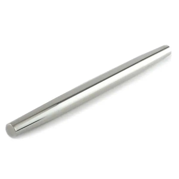 A long, sleek stainless steel French rolling pin, designed without handles for better control and sensitivity. Ideal for precision rolling, especially for pastry and delicate doughs.