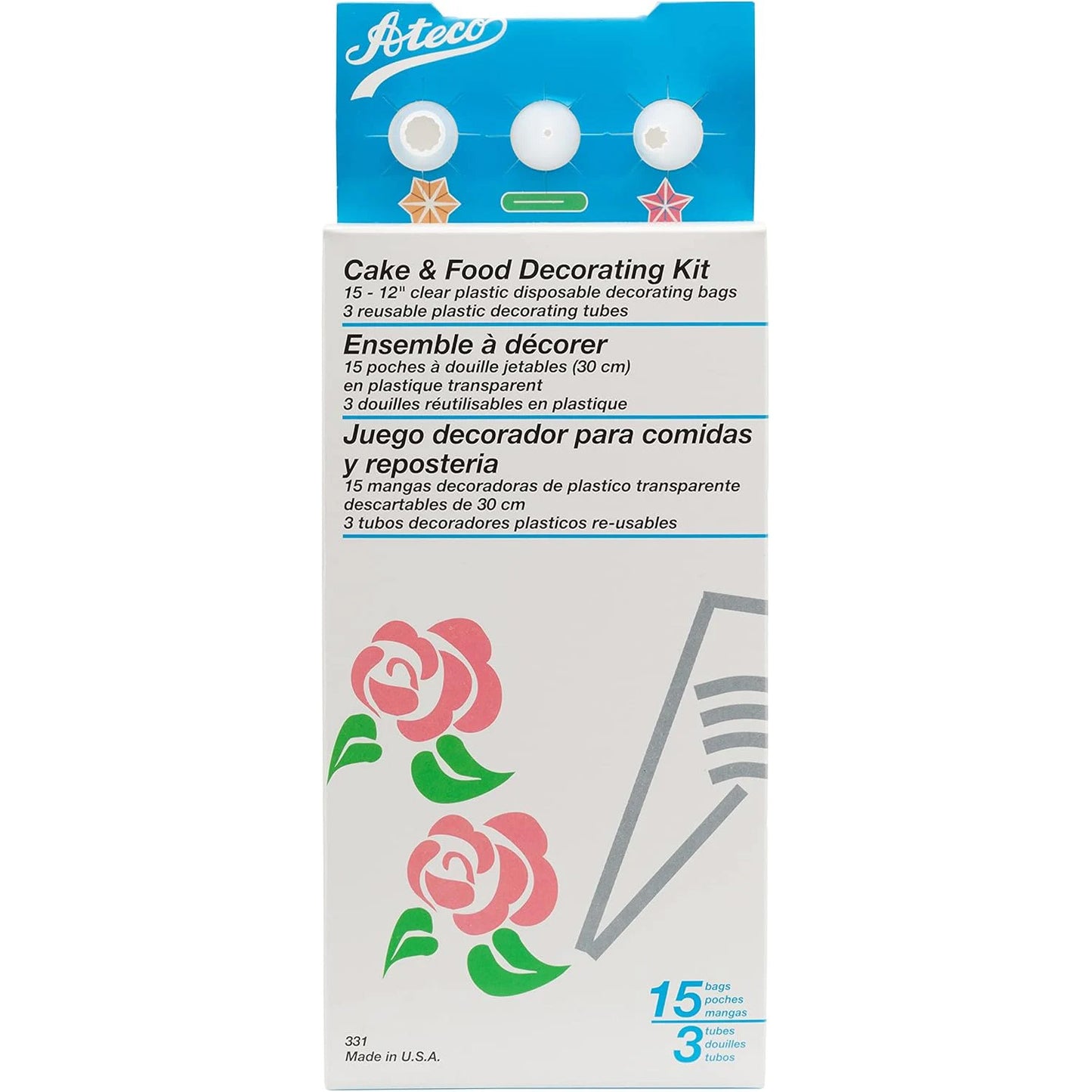 Ateco Cake & Food Decorating Kit box with blue header and white front, showing pink rose piping examples and indicating 15 disposable bags and 3 reusable tips.