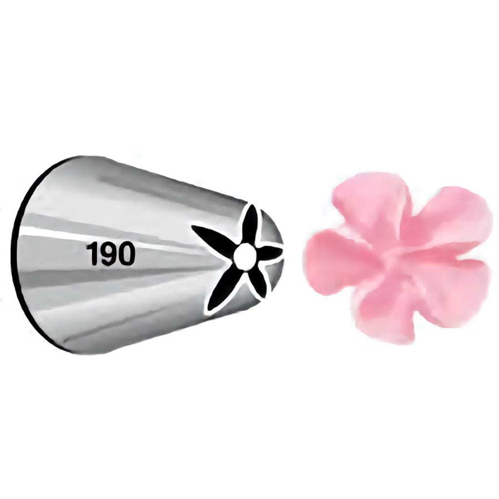 This is a piping tip marked with the number 190. It features a star-shaped opening, perfect for creating drop flowers and star-shaped decorations on cakes and cupcakes.