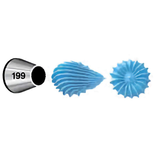  This piping tip is labeled with the number 199 and has a unique design that produces deep ridged patterns, ideal for creating swirls and rosettes with a textured appearance.