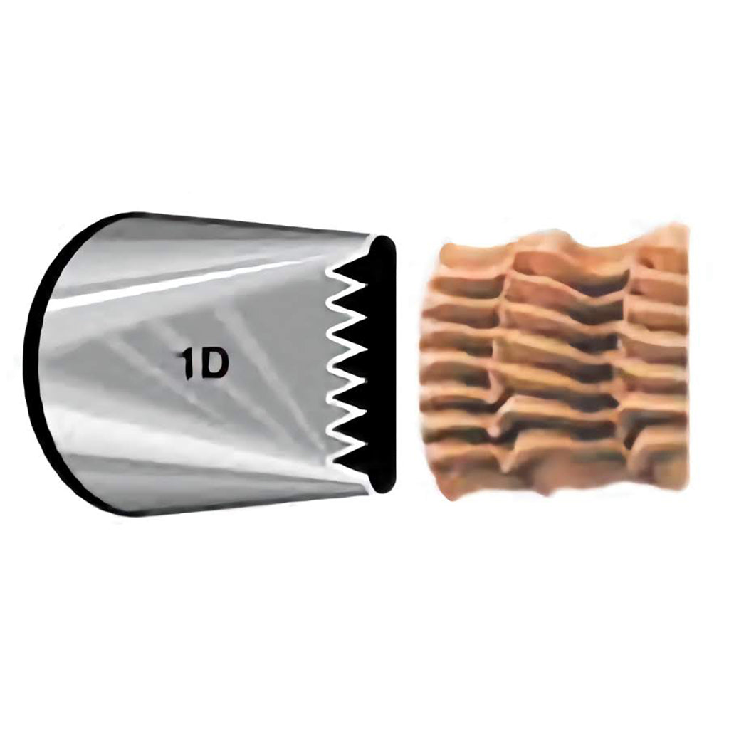 This piping tip is marked with the number 1D and has a jagged opening. It’s used for creating intricate ruffled patterns and borders, perfect for adding texture to cakes and cupcakes.