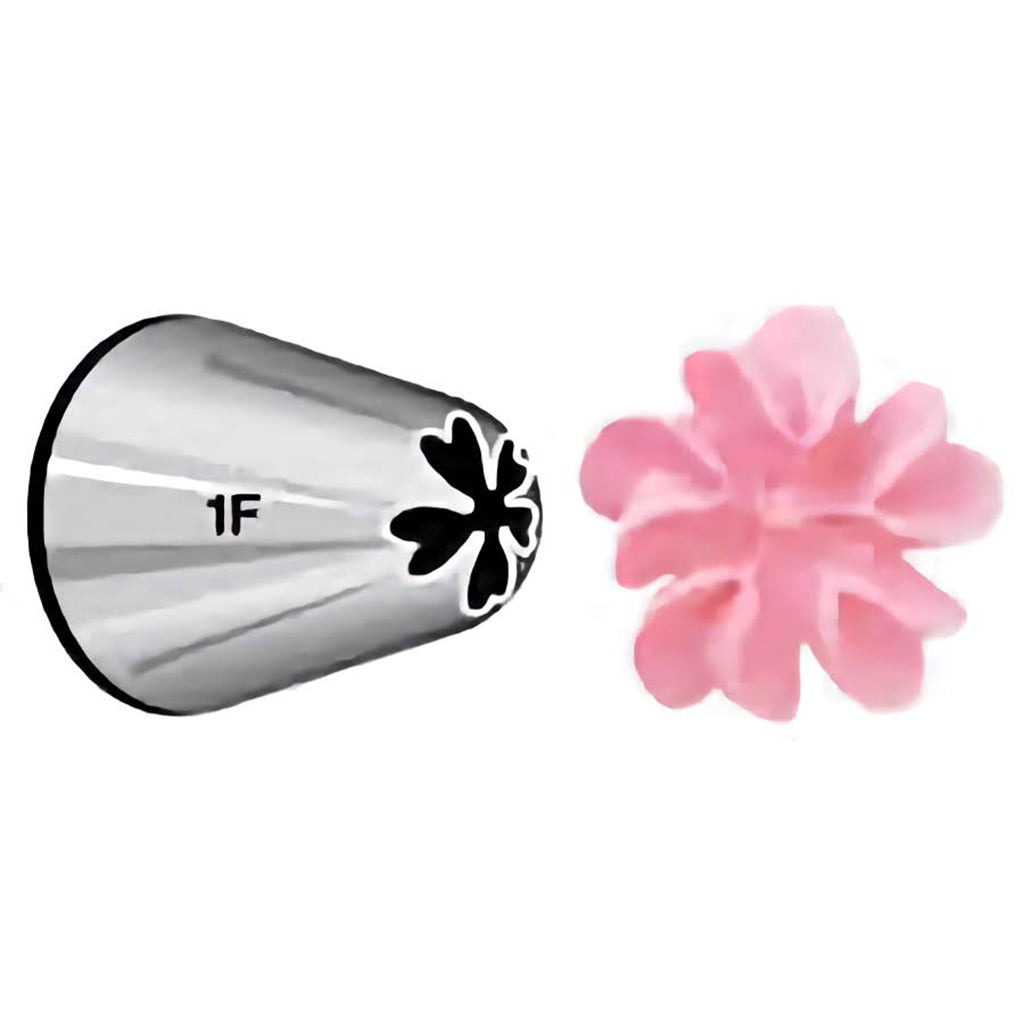  This piping tip is marked with the number 1F and has a unique floral-shaped opening. It’s designed for creating detailed flower designs and decorative patterns on cakes and cookies.