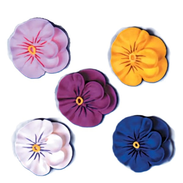 An assortment of pansy-shaped sugarpaste flowers, each with five petals and a distinct color scheme ranging from pastel pink and purple to vibrant yellow and deep blue, all featuring a central dot. These decorations offer a delicate and sophisticated embellishment for elegant dessert presentations.