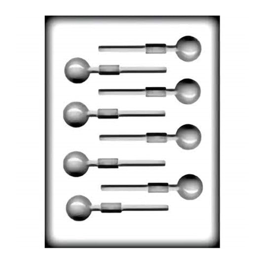 Image of a hard candy mold designed for creating ball-shaped suckers. The mold features multiple rows of paired cavities, each consisting of a spherical shape with a cylindrical stick handle attachment, arranged vertically.