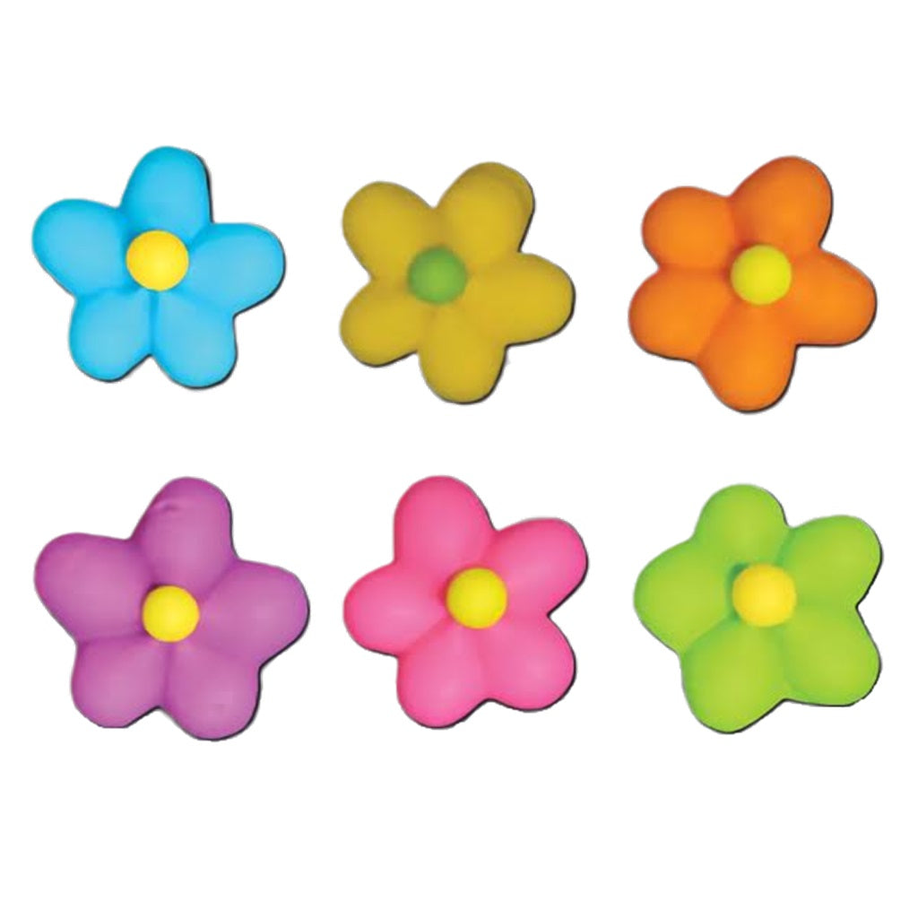 Six vibrant royal icing flowers in cheerful shades of blue, yellow, orange, purple, pink, and green, with contrasting centers. The pastel tones and playful appearance make them ideal for a variety of baking projects, offering a springtime vibe to any dessert table.