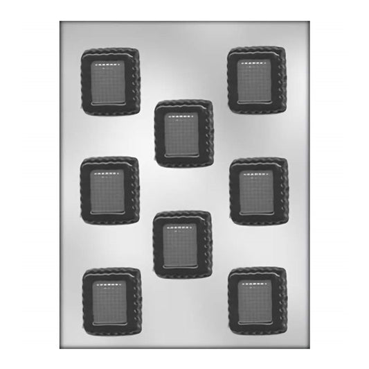 Image of a 1-3/4 inch decorative square chocolate mold, featuring nine cavities with a textured, quilted pattern. Each square cavity is bordered by a scalloped edge, giving the final chocolate pieces an elegant, crafted appearance. The mold’s reflective surface indicates a smooth finish for easy demolding of chocolates.