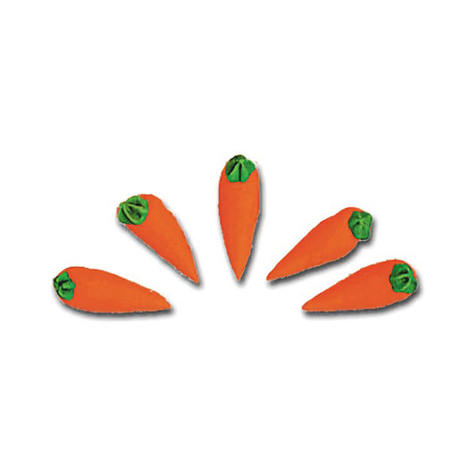 Edible royal icing carrot decorations with detailed green tops, ideal for enhancing the appearance of carrot cakes or Easter-themed treats.