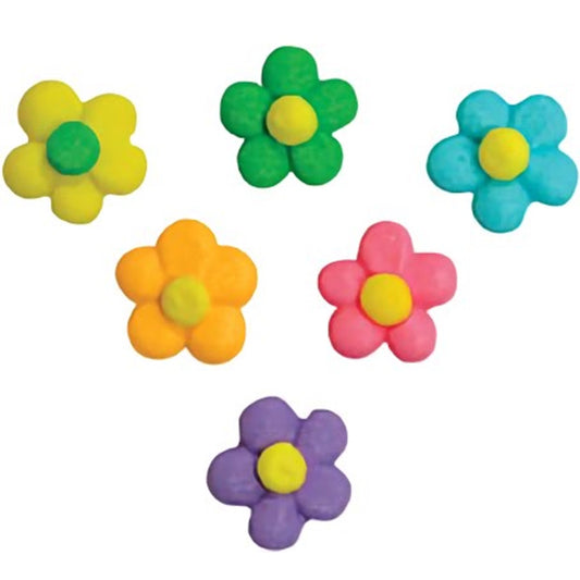 This image showcases a set of six chunky, brightly-colored royal icing flowers, with petals in yellow, green, blue, orange, pink, and purple, all featuring a bold yellow center. These are larger decorations that offer a cheerful and sunny addition to any cake or confectionery item.