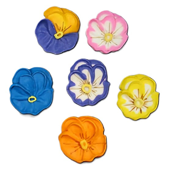 Six royal icing flowers in a variety of colors including blue, purple, yellow, and pink, with a two-tone effect and a central detail. These blooms add a colorful and playful touch to confections, suitable for various celebrations and spring-themed events.