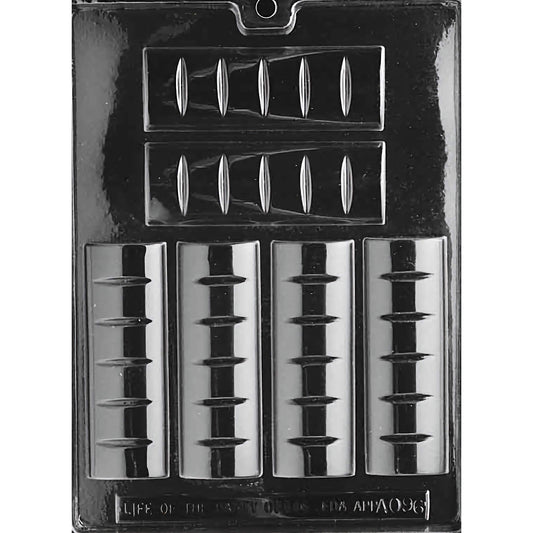 Clear plastic chocolate mold with six cavities, each designed for creating 1-ounce chocolate bars. The mold features three horizontal bars with a double-ridged pattern and three vertical bars with elongated oval indentations. The mold is displayed against a black background, emphasizing the detailed designs suitable for crafting distinctive chocolate bars.