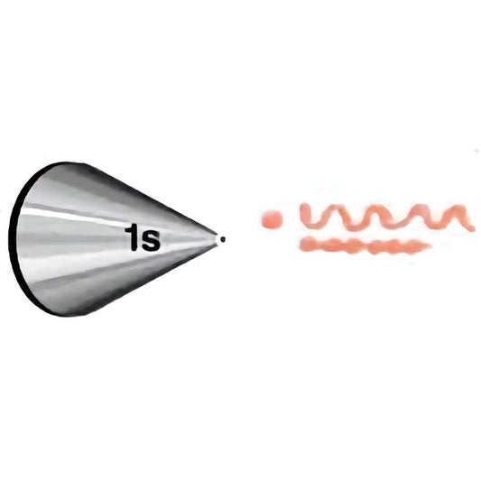 The piping tip labeled 1s features a very small round opening, ideal for detailed work such as writing, outlining, and adding fine dots or lines to decorated treats.