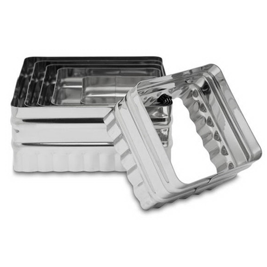 Durable stainless steel square cutters with plain and fluted edges, ideal for cookies, biscuits, pastries, and fondant designs. Nesting storage for convenience.