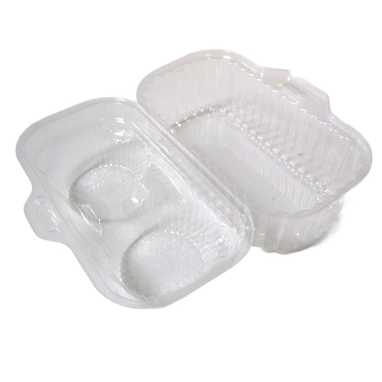 Clear plastic two-cell cupcake container shown open, with two round cupcake cavities inside and a matching clear lid on a white background.